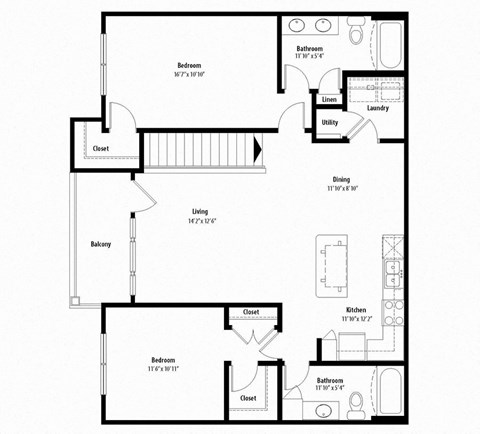 Floor plan for 2 beds, 2 baths, 1185 sqft